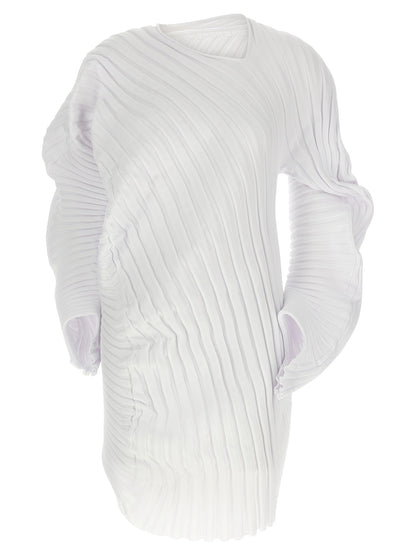 Dress by Issey Miyake for women in polyester white & patterned features an cute silhouette, detailed with a long-sleeve and boat neckline that elegantly flows into a cute midi.