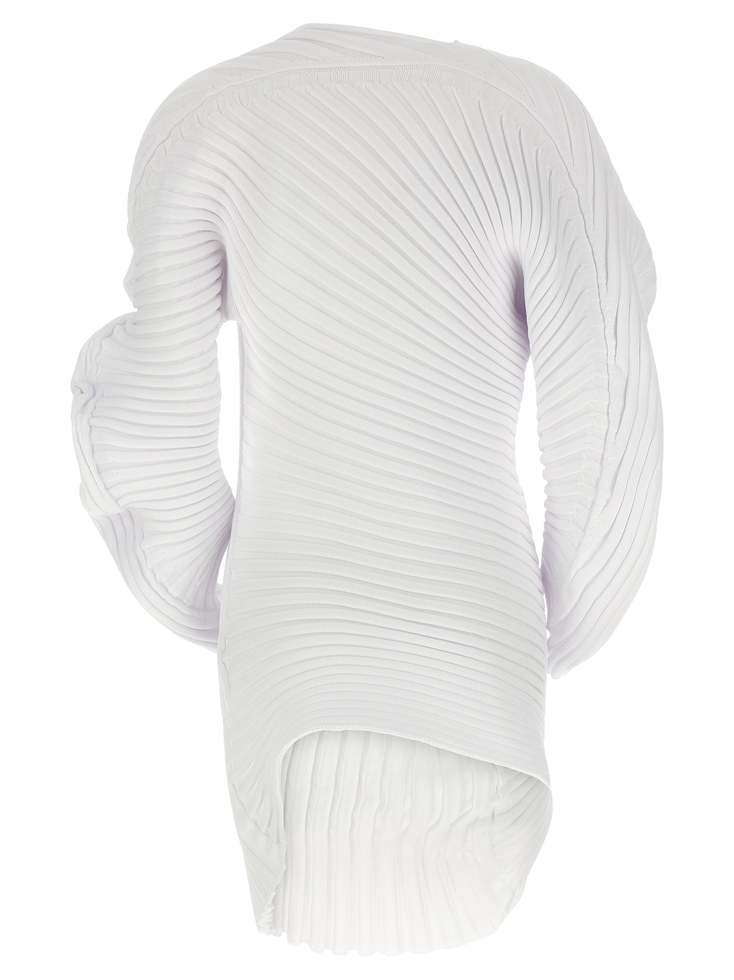 Dress by Issey Miyake for women in polyester white & patterned features an cute silhouette, detailed with a and boat neckline that elegantly flows into a cute midi.