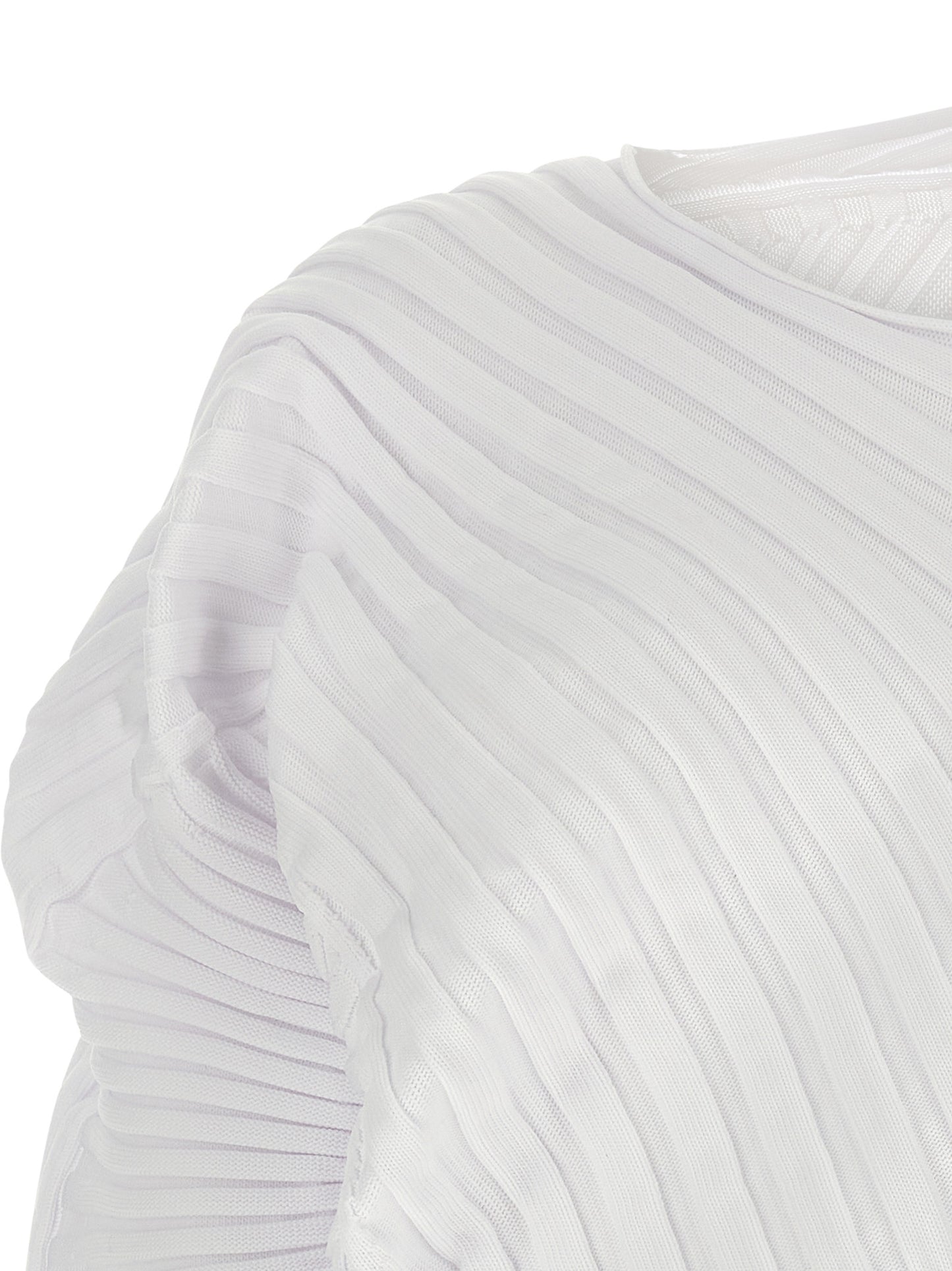 Dress by Issey Miyake for women in polyester white & patterned features an sultry silhouette defined by a boat neckline and , falling to an sultry midi for a sultry look.