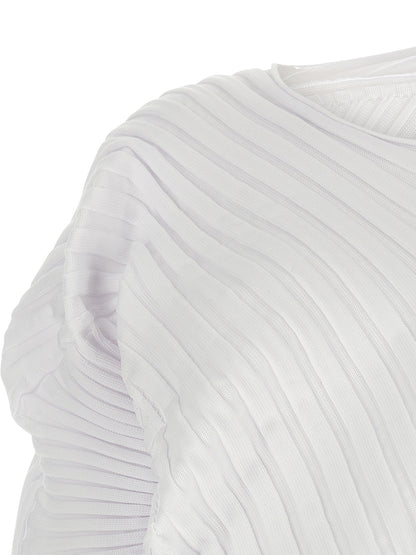 Dress by Issey Miyake for women in polyester white & patterned features an sultry silhouette defined by a boat neckline and , falling to an sultry midi for a sultry look.