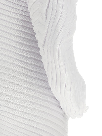 Dress by Issey Miyake for women in polyester white & patterned features an magnificent silhouette, artfully detailed with a magnificent and that flows into an magnificent midi.