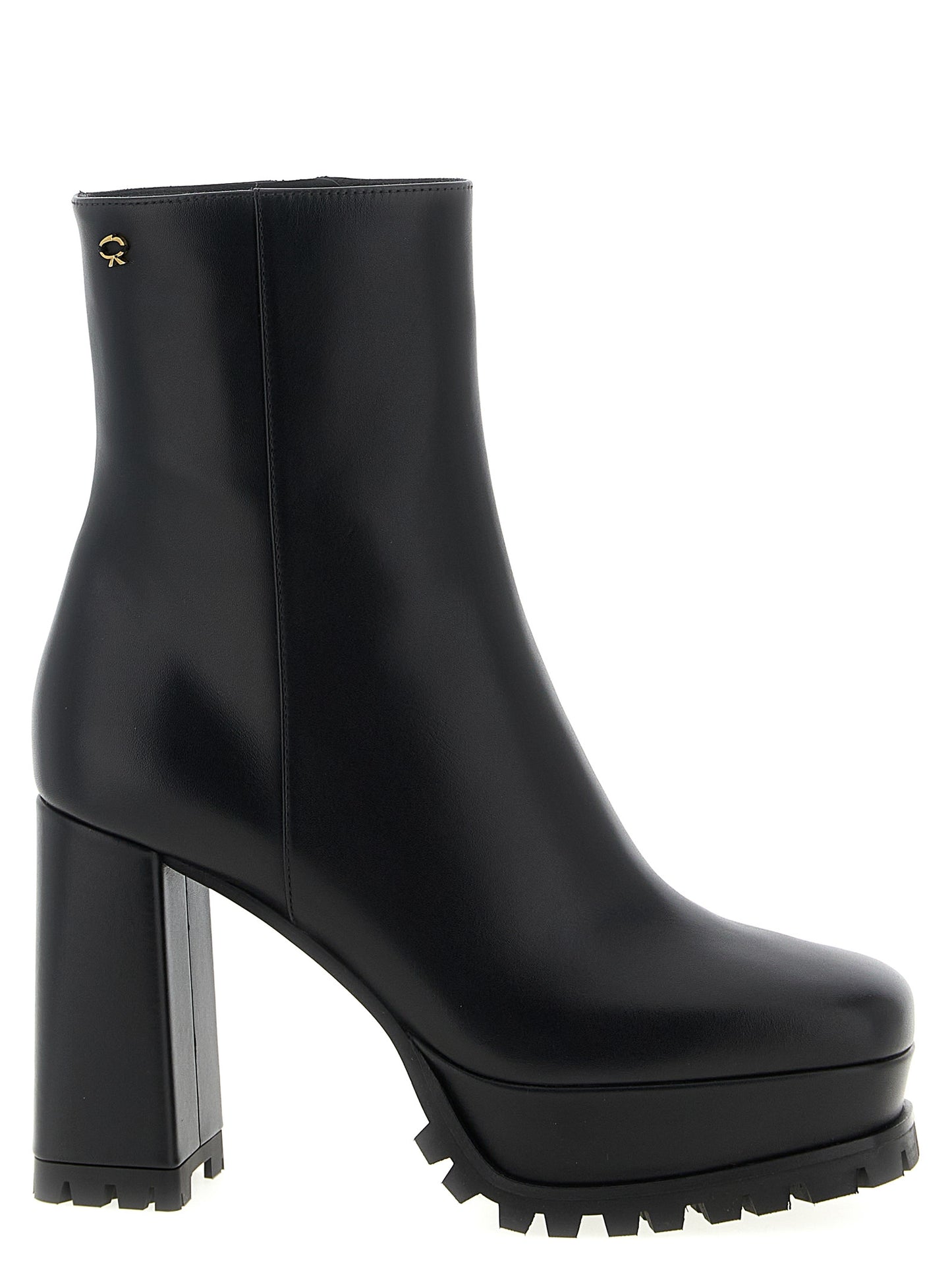 Platform Ankle Boots by Gianvito Rossi for women in calfskin leather black features an avant-garde Ribbon Women's Calfskin Leather Platform Ankle Boots silhouette, defined by a sophisticated platform and a avant-garde square toe style.