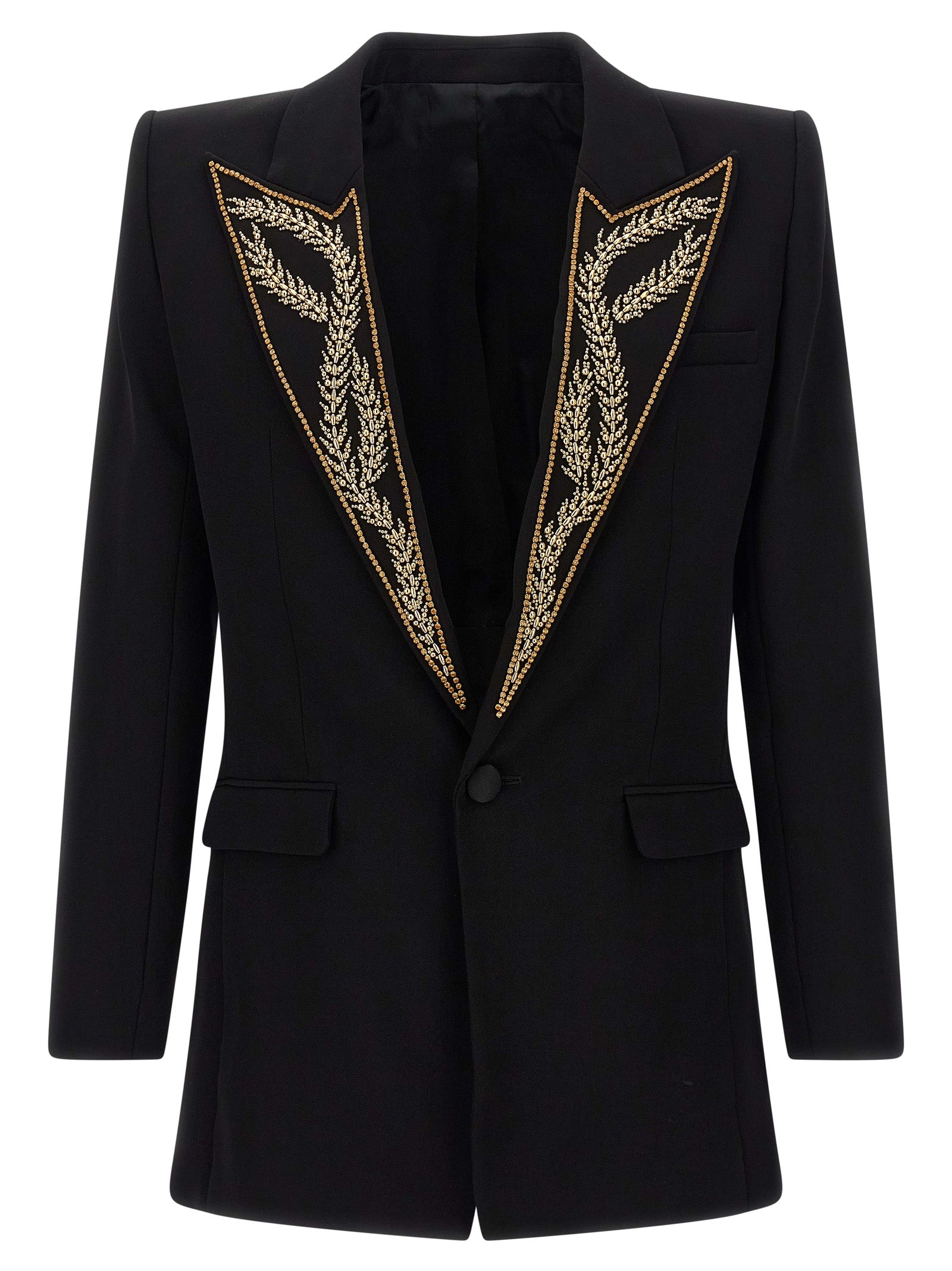 Blazer by Balmain for men in viscose satin black showcases a discerning silhouette, elegantly detailed with a sophisticated and premium for a truly discerning finish.