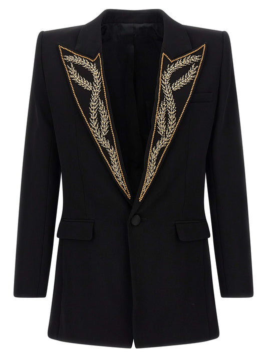 Blazer by Balmain for men in viscose satin black showcases a discerning silhouette, elegantly detailed with a sophisticated and premium for a truly discerning finish.