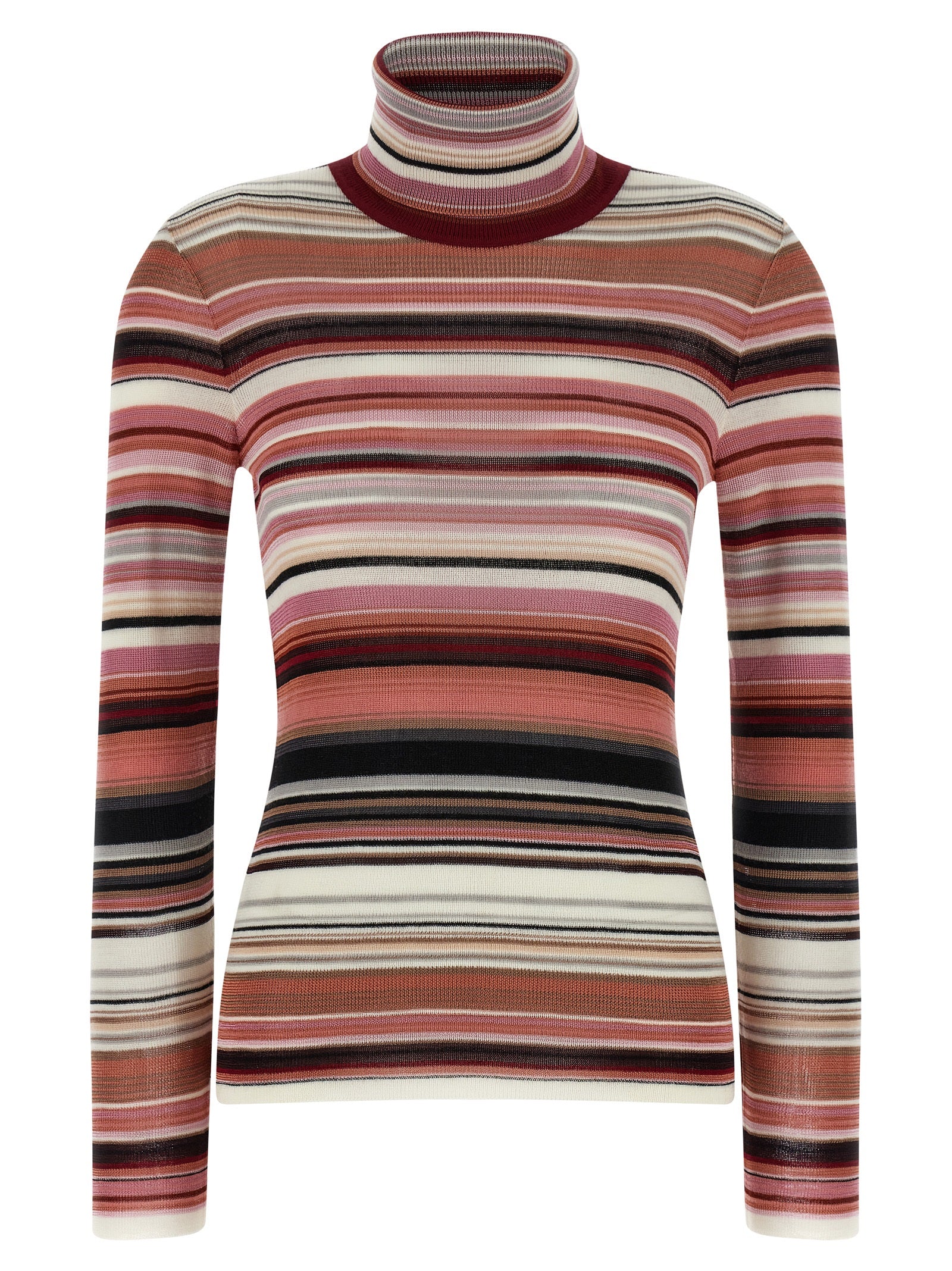 Cardigan by Missoni for women in wool & viscose multicolor, pink & striped features an impeccable silhouette, showcasing a sophisticated turtle high-neck neckline and long-sleeve detail for a truly impeccable finish.