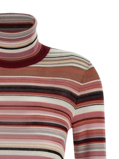 Cardigan by Missoni for women in wool & viscose multicolor, pink & striped features a nuanced silhouette with a refined turtle high-neck neckline and nuanced detailing for a sophisticated look.