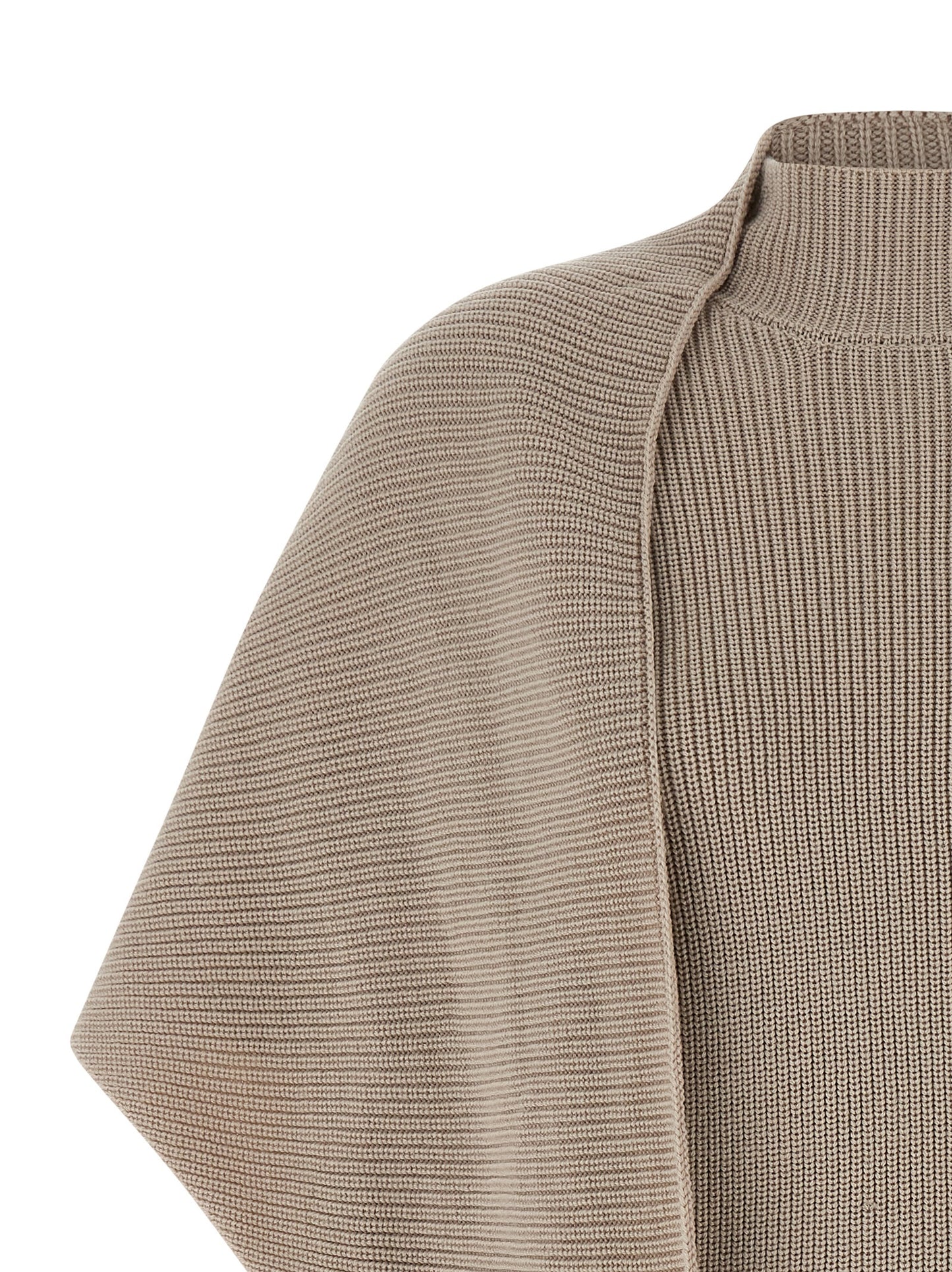 Cardigan by Entire Studios for women in merino wool beige features a dramatic silhouette, showcasing a sophisticated wrap high-neck neckline and dramatic detail for a timeless, premium look.