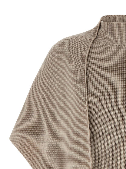 Cardigan by Entire Studios for women in merino wool beige features a dramatic silhouette, showcasing a sophisticated wrap high-neck neckline and dramatic detail for a timeless, premium look.