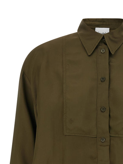 Blouse by NUDE for women in viscose bicolour, green & nude features an architectural silhouette with a refined and elegant for a architectural look.