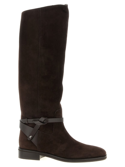 Ankle Over-The-Knee Strap Boots by Jimmy Choo for women in suede leather brown features an effortless chic silhouette from the Women's Suede Leather Ankle Over-The-Knee Strap Boots collection, showcasing a effortless chic and refined for an effortless chic look.