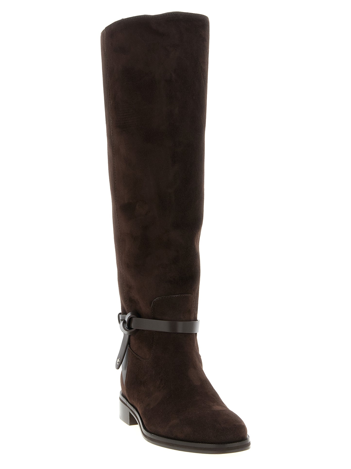 Ankle Over-The-Knee Strap Boots by Jimmy Choo for women in suede leather brown features an high-performance silhouette, showcasing the sophisticated design of the Women's Suede Leather Ankle Over-The-Knee Strap Boots with a and a refined .