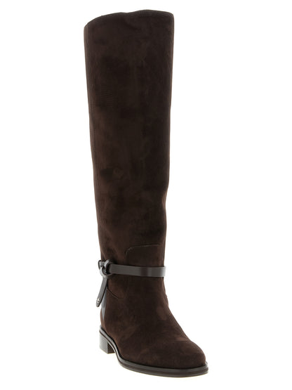 Ankle Over-The-Knee Strap Boots by Jimmy Choo for women in suede leather brown features an high-performance silhouette, showcasing the sophisticated design of the Women's Suede Leather Ankle Over-The-Knee Strap Boots with a and a refined .