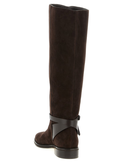 Ankle Over-The-Knee Strap Boots by Jimmy Choo for women in suede leather brown showcases a impeccable silhouette as Women's Suede Leather Ankle Over-The-Knee Strap Boots, artfully defined by a impeccable and a impeccable .