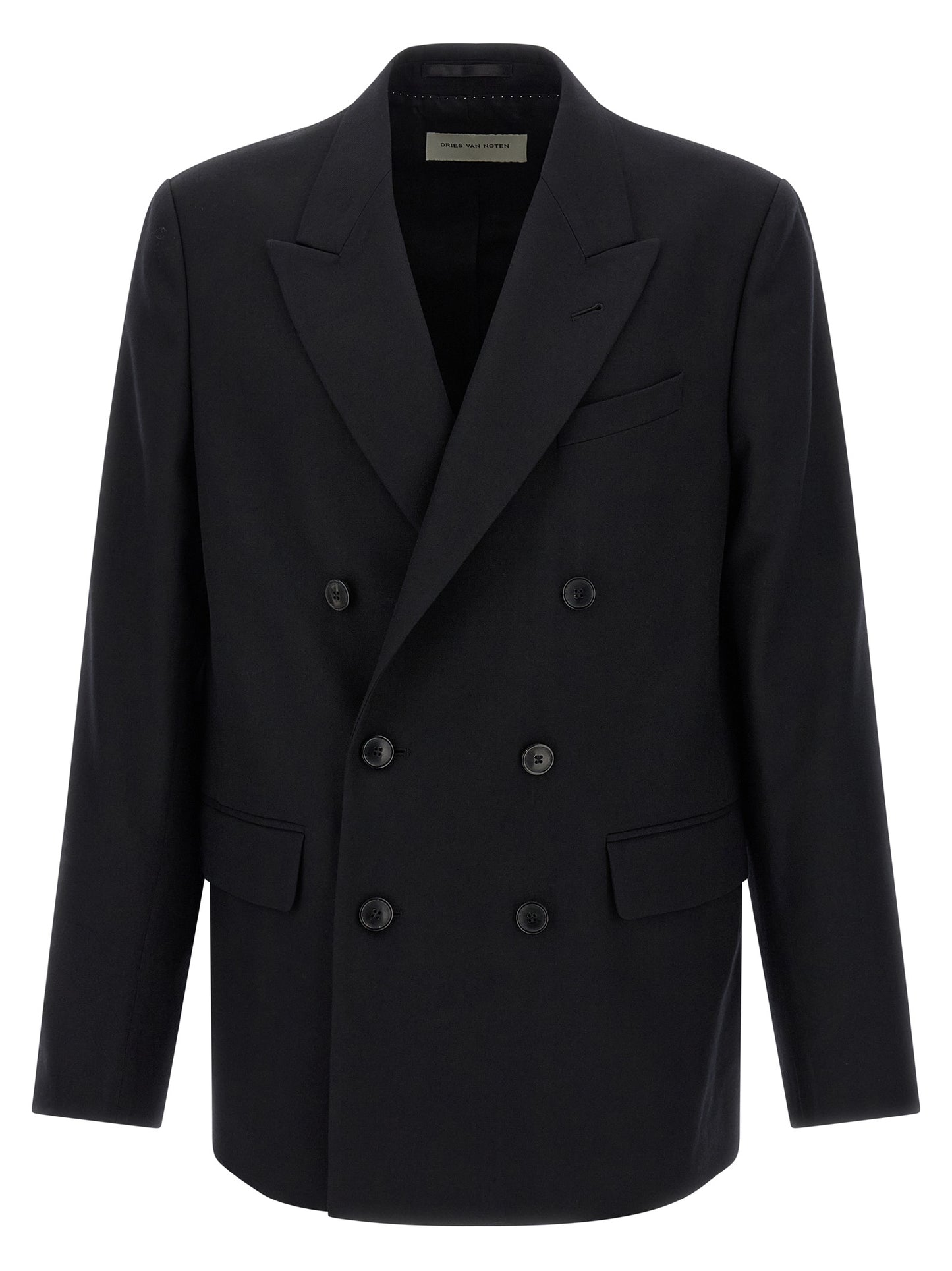 Blazer by Dries Van Noten for men in wool black showcases a discerning silhouette, elegantly detailed with a sophisticated and premium for a truly discerning finish.