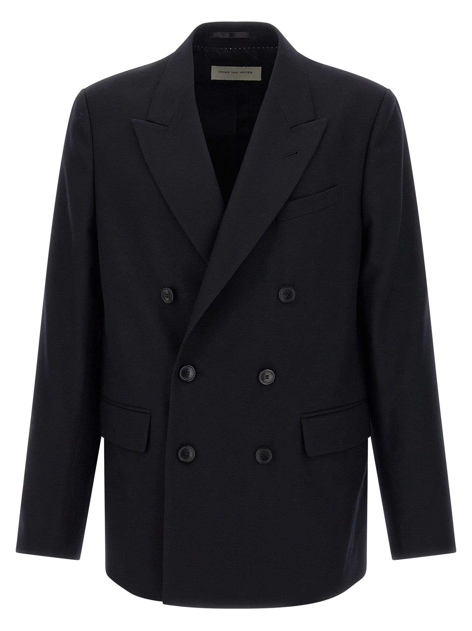 Blazer by Dries Van Noten for men in wool black showcases a discerning silhouette, elegantly detailed with a sophisticated and premium for a truly discerning finish.