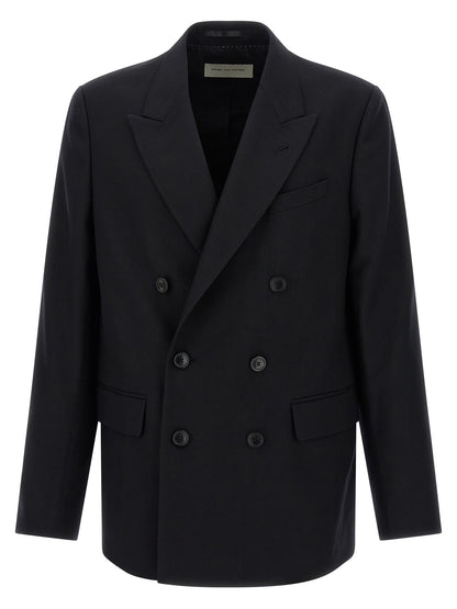 Blazer by Dries Van Noten for men in wool black showcases a discerning silhouette, elegantly detailed with a sophisticated and premium for a truly discerning finish.