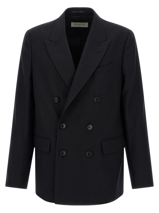 Blazer by Dries Van Noten for men in wool black showcases a discerning silhouette, elegantly detailed with a sophisticated and premium for a truly discerning finish.