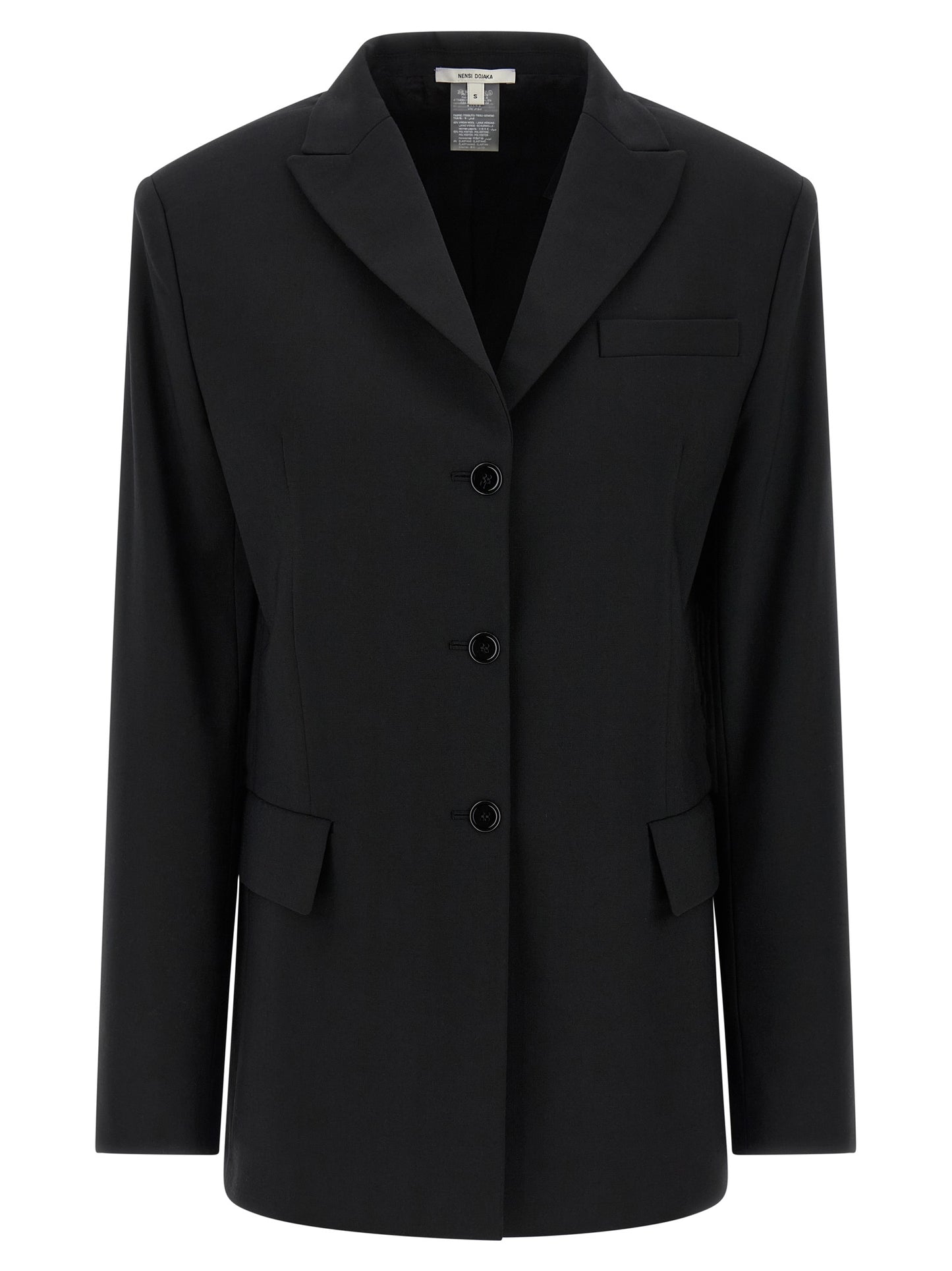This Blazer by Nensi Dojaka for women in polyester & virgin wool black presents a tailored silhouette, meticulously tailored with a tailored split neckline and distinctive for a tailored finish.