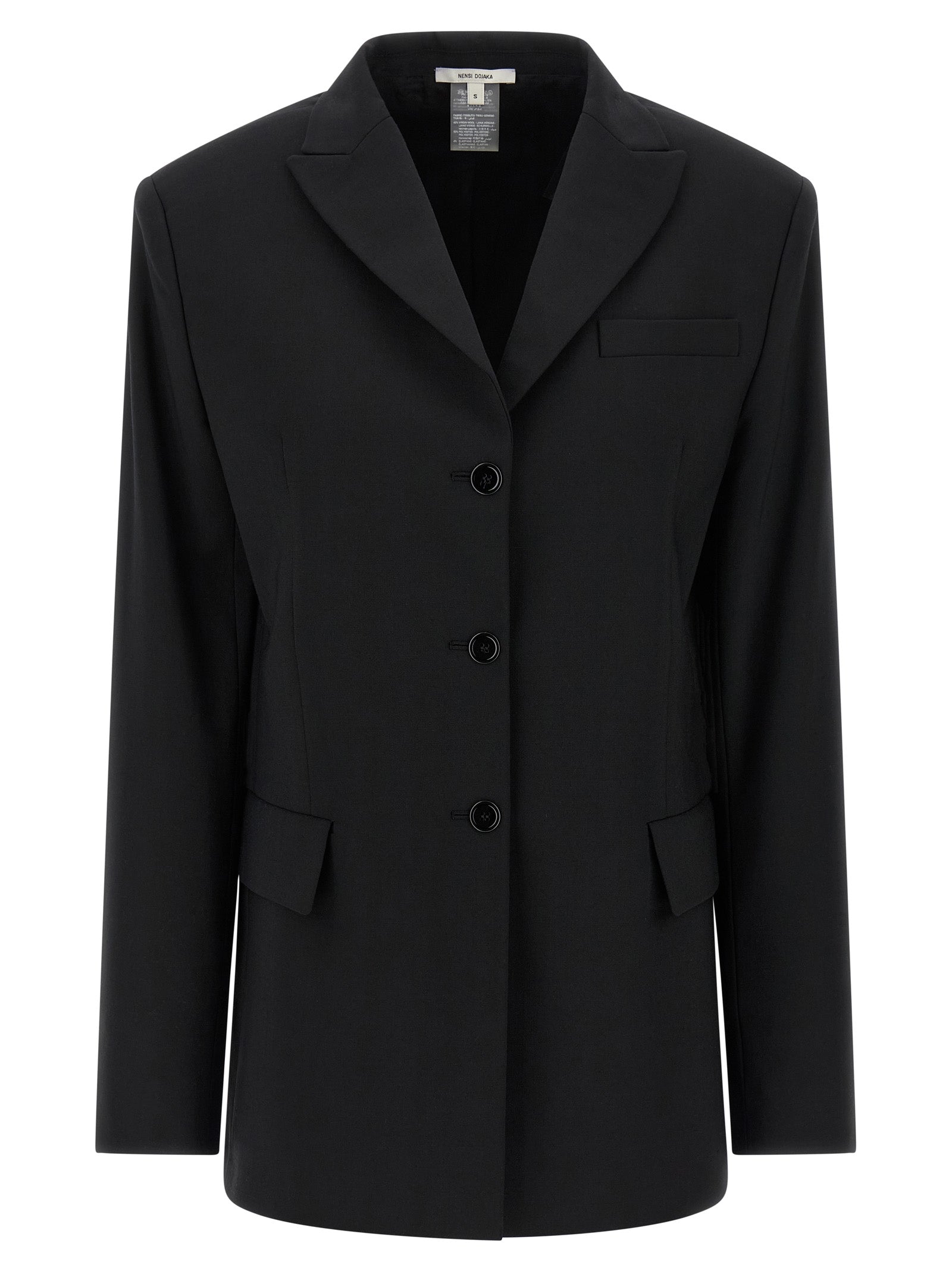 This Blazer by Nensi Dojaka for women in polyester & virgin wool black presents a tailored silhouette, meticulously tailored with a tailored split neckline and distinctive for a tailored finish.