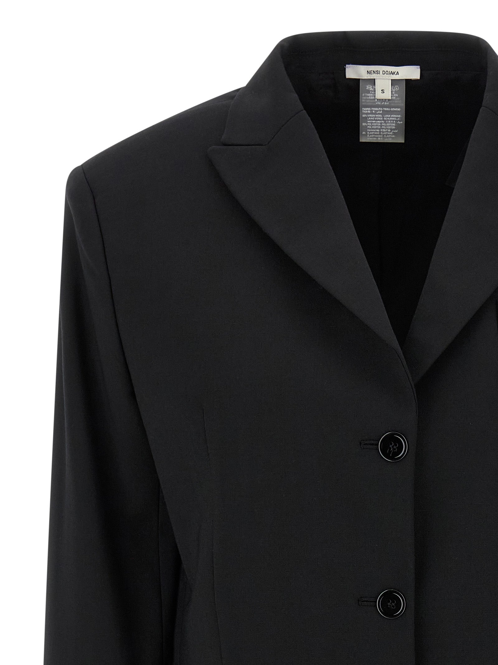 Blazer by Nensi Dojaka for women in polyester & virgin wool black showcases a discerning silhouette, elegantly detailed with a sophisticated split neckline and premium for a truly discerning finish.