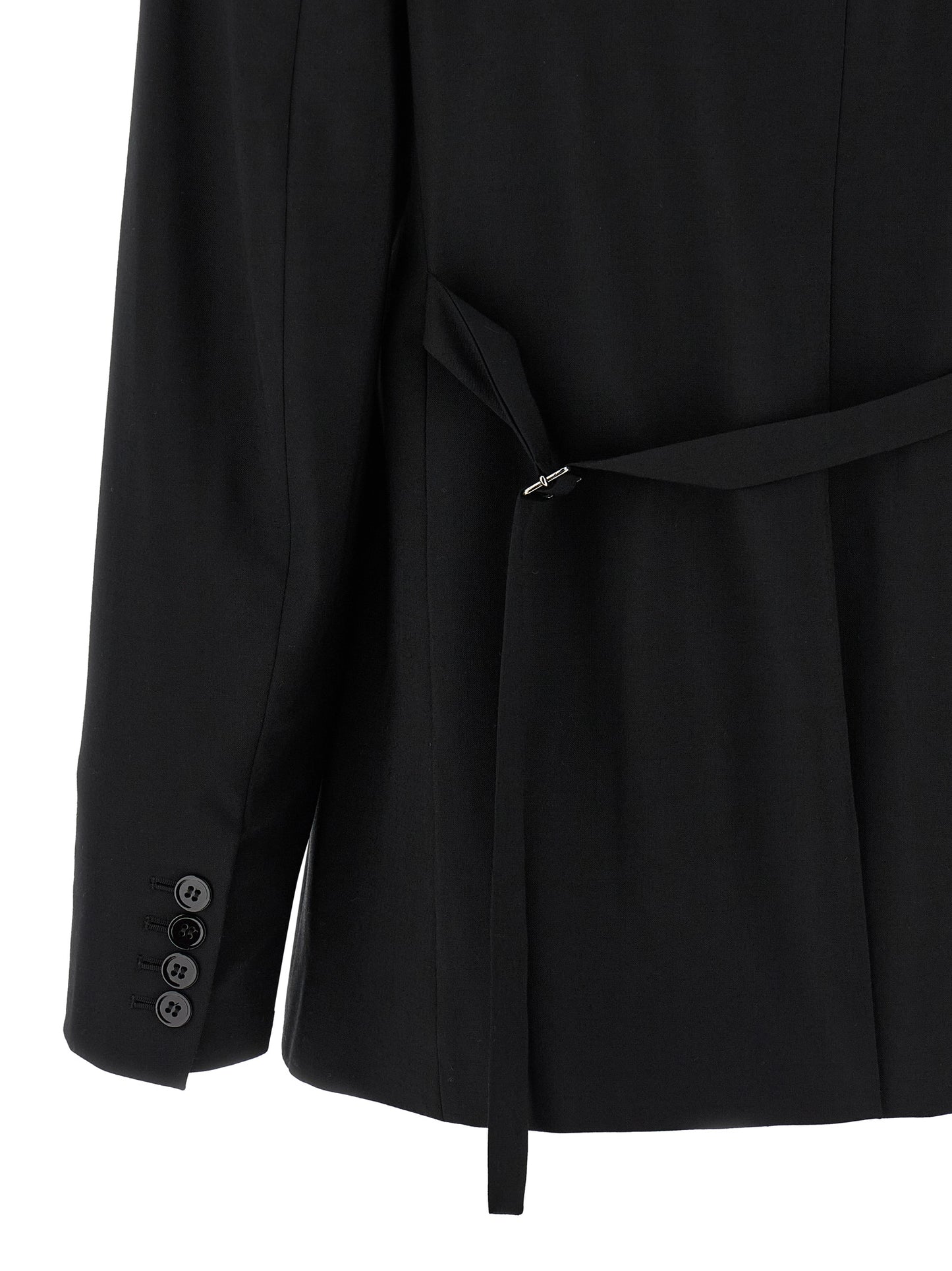 This Blazer by Nensi Dojaka for women in polyester & virgin wool black presents a tailored silhouette, meticulously tailored with a tailored and distinctive for a tailored finish.
