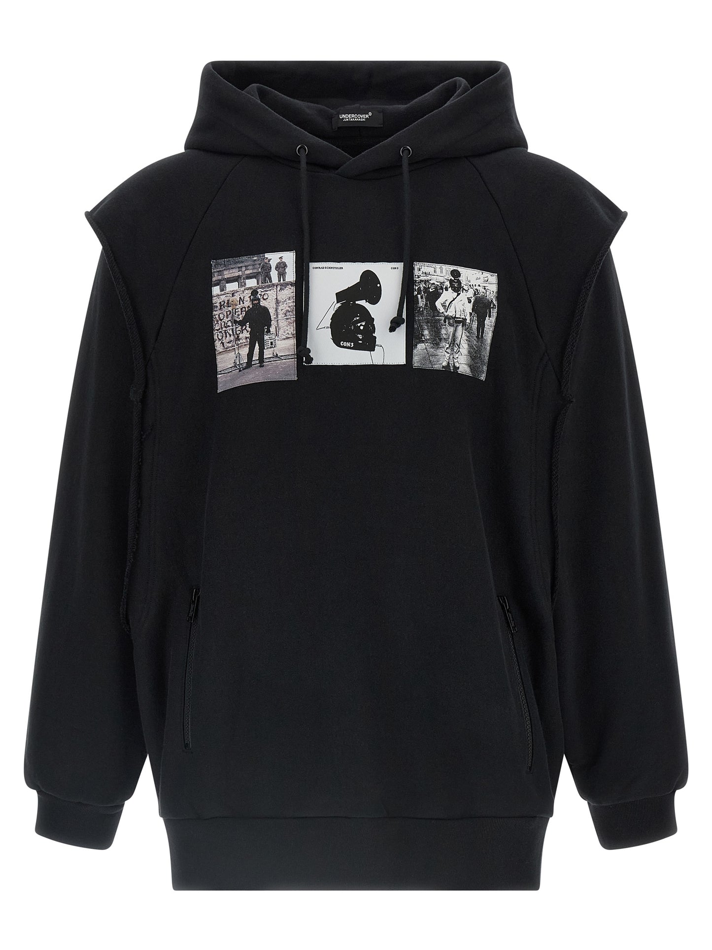 Sweatshirt Hoodie by Undercover for men in cotton black & print features a edgy silhouette, detailed with a edgy hooded neckline and long-sleeve; sleeveless for a refined finish.
