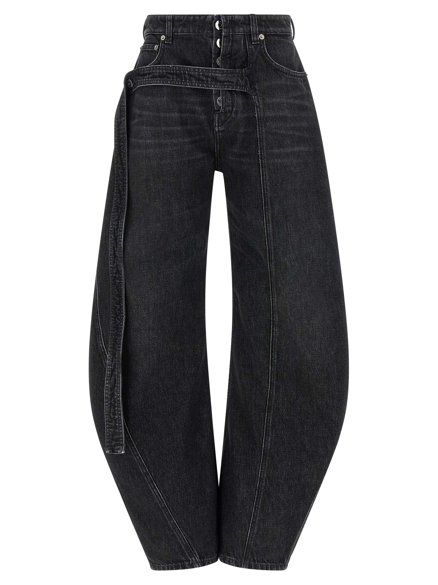 Jeans by Jean Paul Gaultier for women in cotton denim black features an refined tailoring silhouette, showcasing a premium wide with a low rise and long cut for a refined tailoring look.