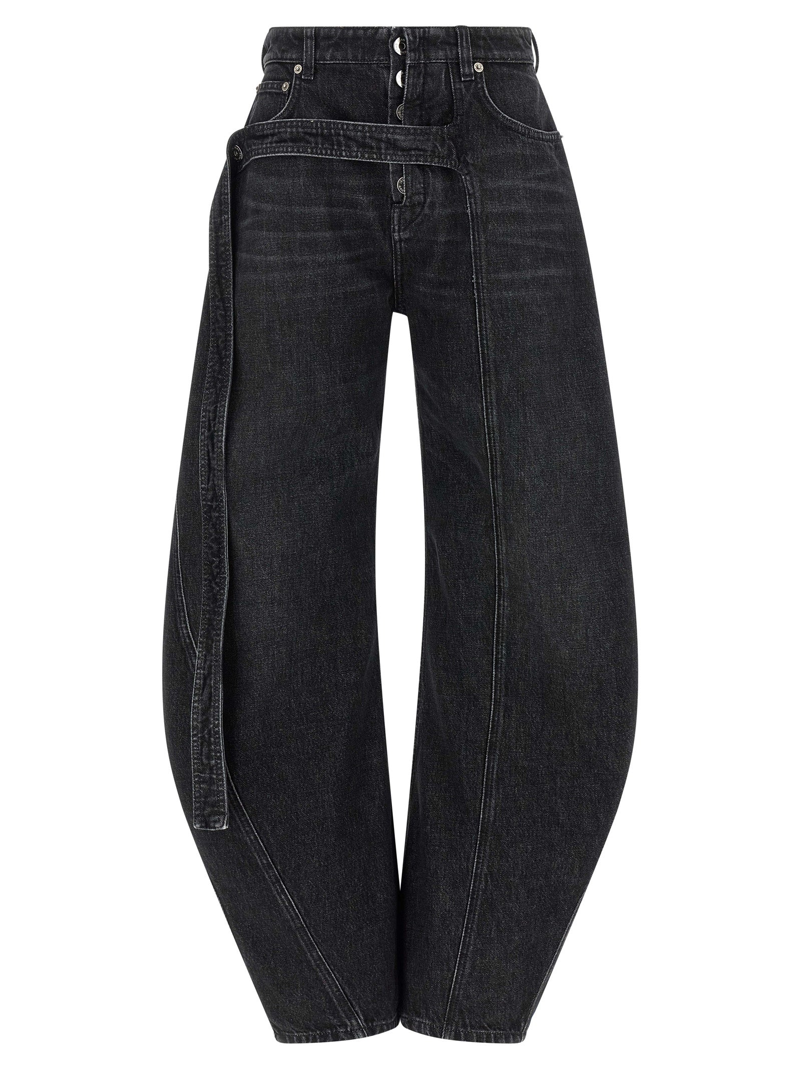 Jeans by Jean Paul Gaultier for women in cotton denim black features an refined tailoring silhouette, showcasing a premium wide with a low rise and long cut for a refined tailoring look.