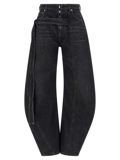 Jeans by Jean Paul Gaultier for women in cotton denim black features an refined tailoring silhouette, showcasing a premium wide with a low rise and long cut for a refined tailoring look.