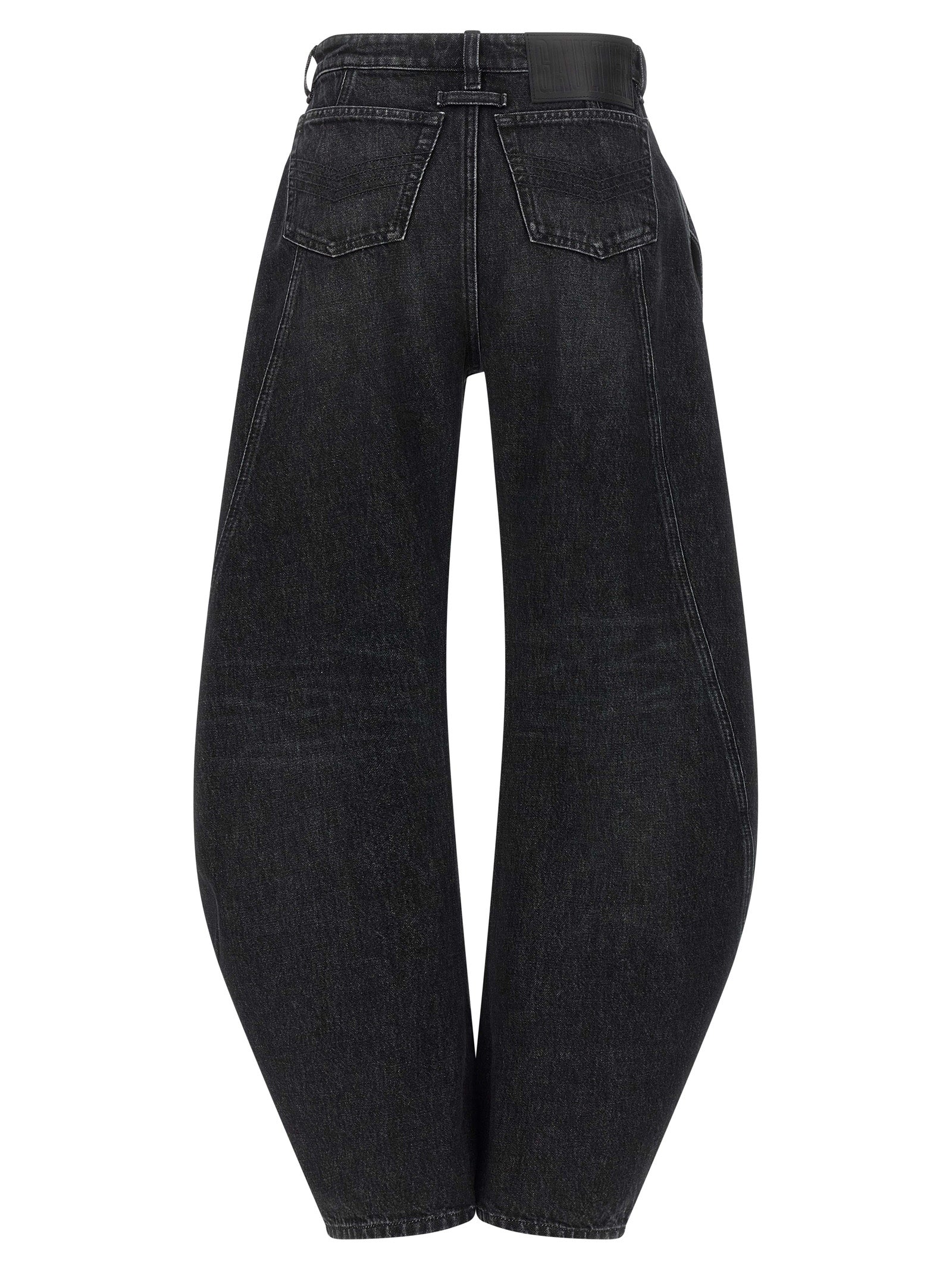Jeans by Jean Paul Gaultier for women in cotton denim black presents a tailored silhouette, showcasing a tailored wide and long cut with a refined low rise for a truly tailored aesthetic.