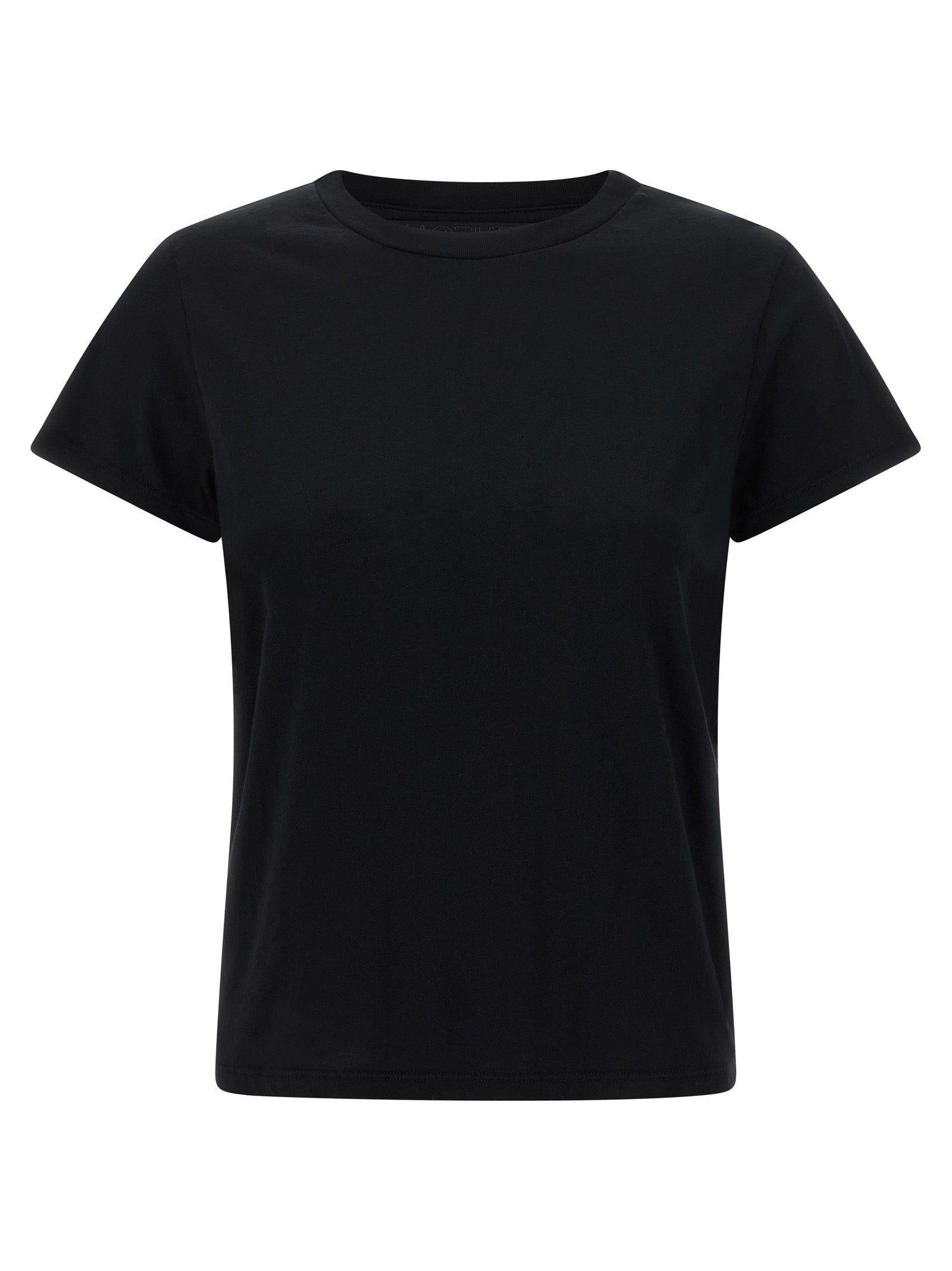 T-Shirt by Mother Denim for women in denim cotton black showcases a unassuming silhouette, artfully detailed with a refined and unassuming short-sleeve for a sophisticated, contemporary look.