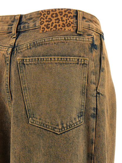 Jeans by Alanui for women in denim cotton animal, brown & print presents a refined pantology silhouette, artfully defined by a refined pantology wide, long, and a sophisticated .