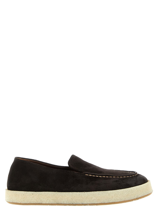 Loafer Slip-On Shoes by Marsell for men in leather & rubber brown & natural features an effortless chic silhouette, showcasing the Men's Leather & Rubber Loafer Slip-On Shoes design with an effortless chic and a for a effortless chic look.
