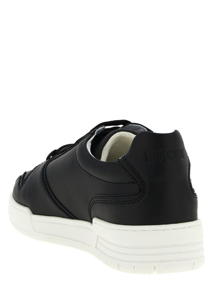 Sneakers by Moschino for men in leather & rubber black presents a sumptuous silhouette, artfully capturing the essence of the City Men's Low Top Leather & Rubber Sneakers with its sumptuous low-top style design.