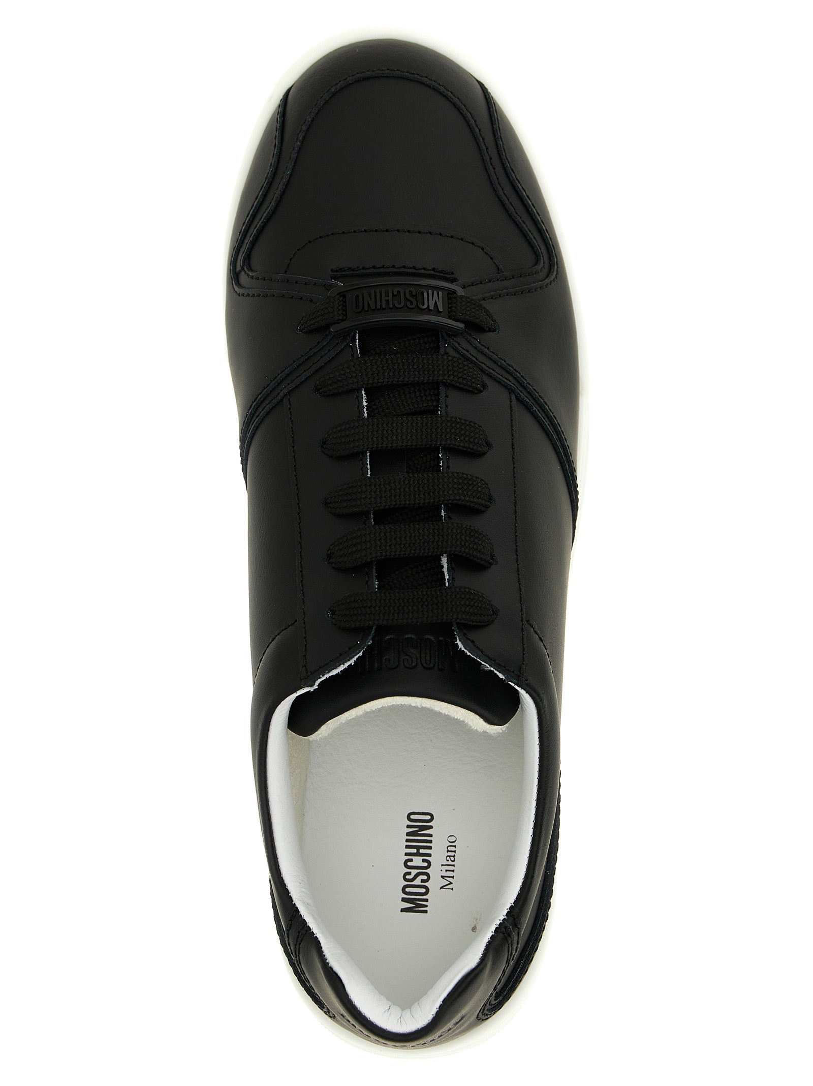 Sneakers by Moschino for men in leather & rubber black presents a impeccable silhouette as City Men's Low Top Leather & Rubber Sneakers, expertly defined by a impeccable low-top style for a impeccable, high-fashion look.