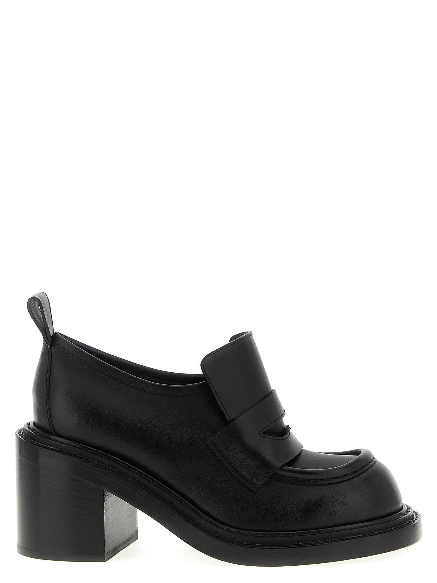 Platform Geometric Loafer Work Shoes by Moschino for women in calfskin leather black showcases a resplendent College Olivia Play Women's Calfskin Leather Platform Geometric Loafer Work Shoes aesthetic, defined by its resplendent and elegant platform geometric-heel.