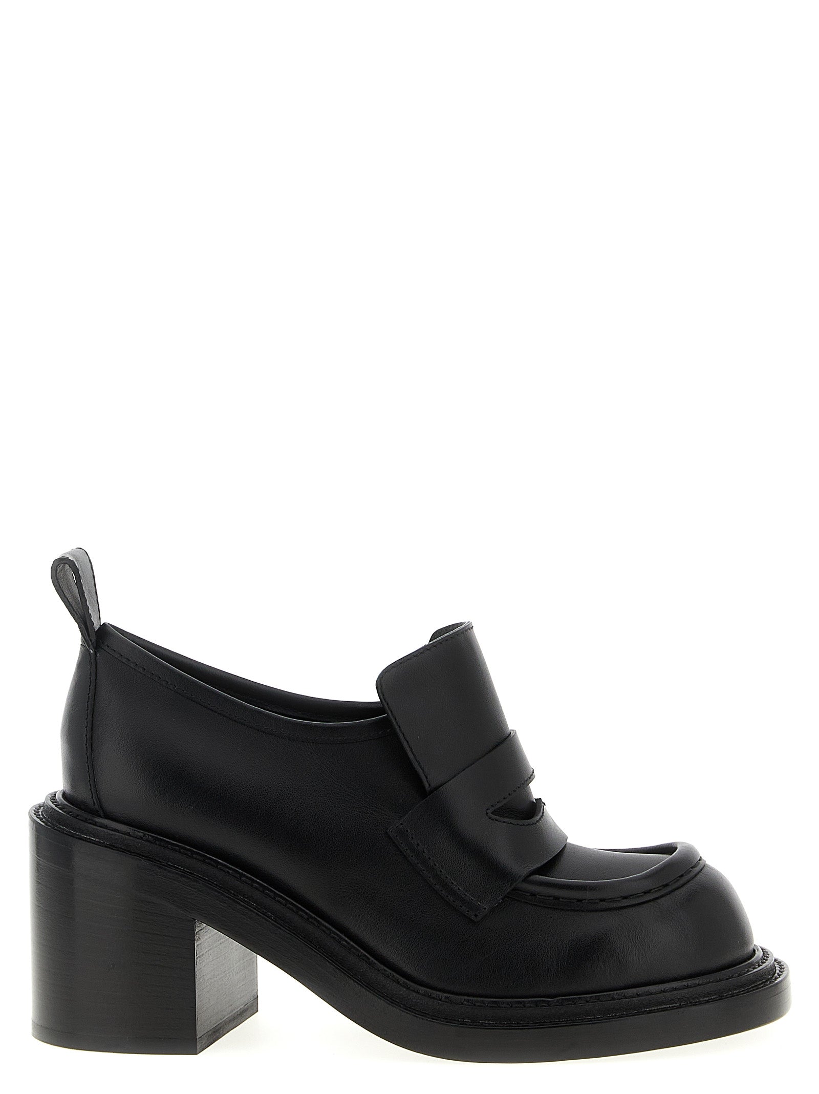 Platform Geometric Loafer Work Shoes by Moschino for women in calfskin leather black showcases a resplendent College Olivia Play Women's Calfskin Leather Platform Geometric Loafer Work Shoes aesthetic, defined by its resplendent and elegant platform geometric-heel.