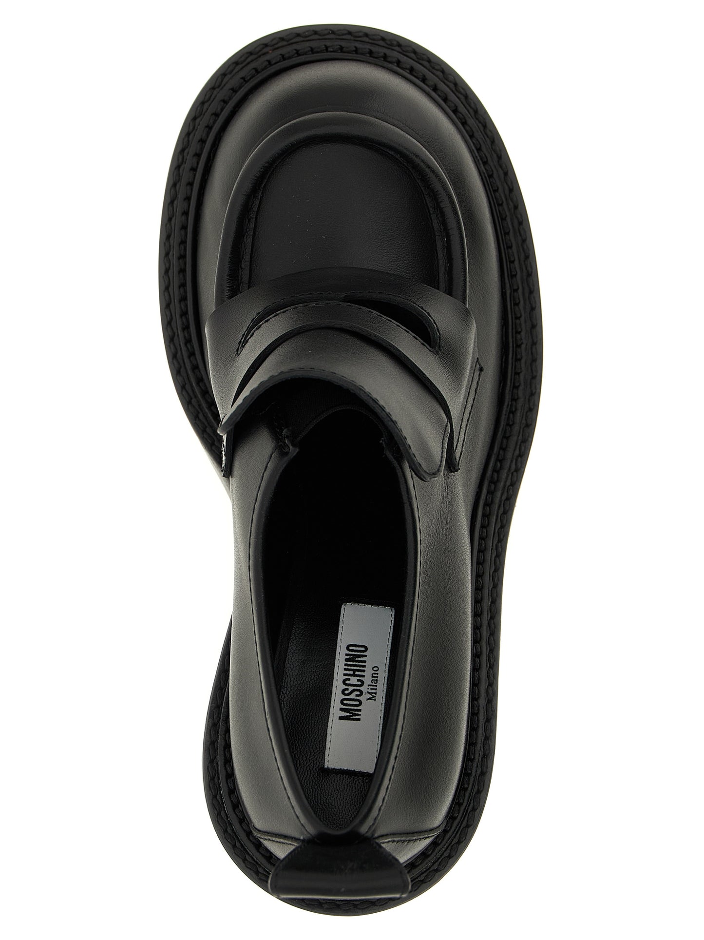Platform Geometric Loafer Work Shoes by Moschino for women in calfskin leather black features an dynamic silhouette from the College Olivia Play Women's Calfskin Leather Platform Geometric Loafer Work Shoes collection, defined by a dynamic and platform geometric-heel for a dynamic look.