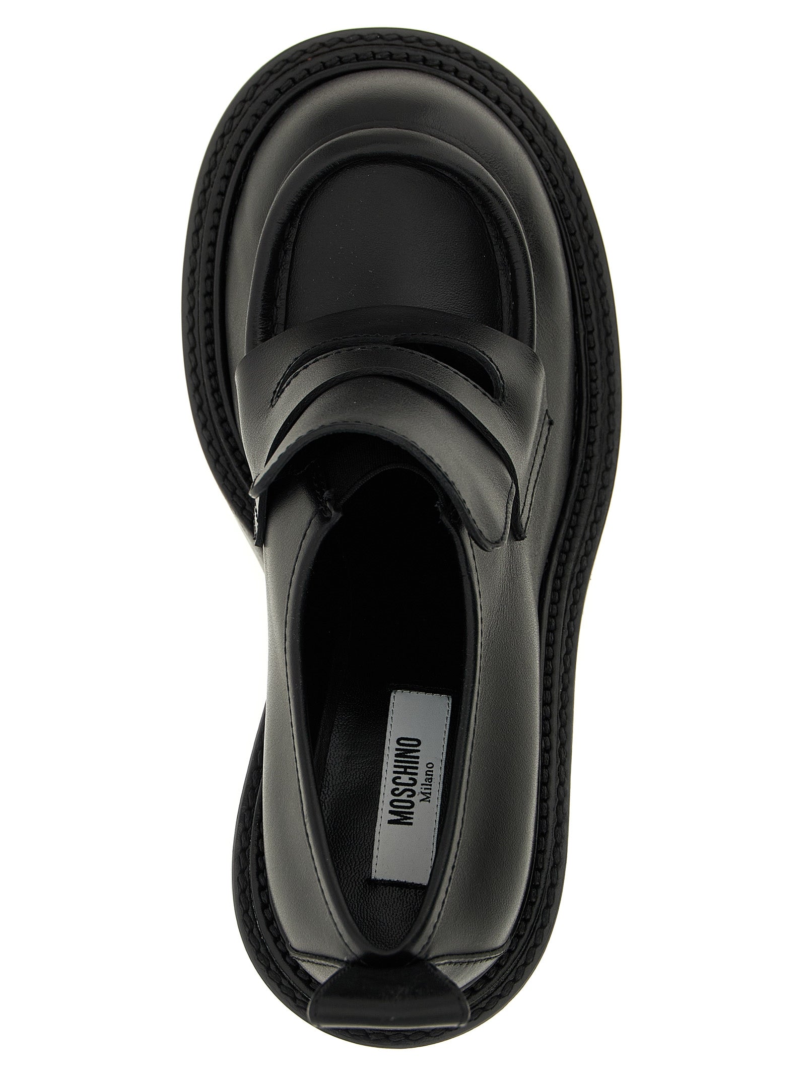 Platform Geometric Loafer Work Shoes by Moschino for women in calfskin leather black features an dynamic silhouette from the College Olivia Play Women's Calfskin Leather Platform Geometric Loafer Work Shoes collection, defined by a dynamic and platform geometric-heel for a dynamic look.