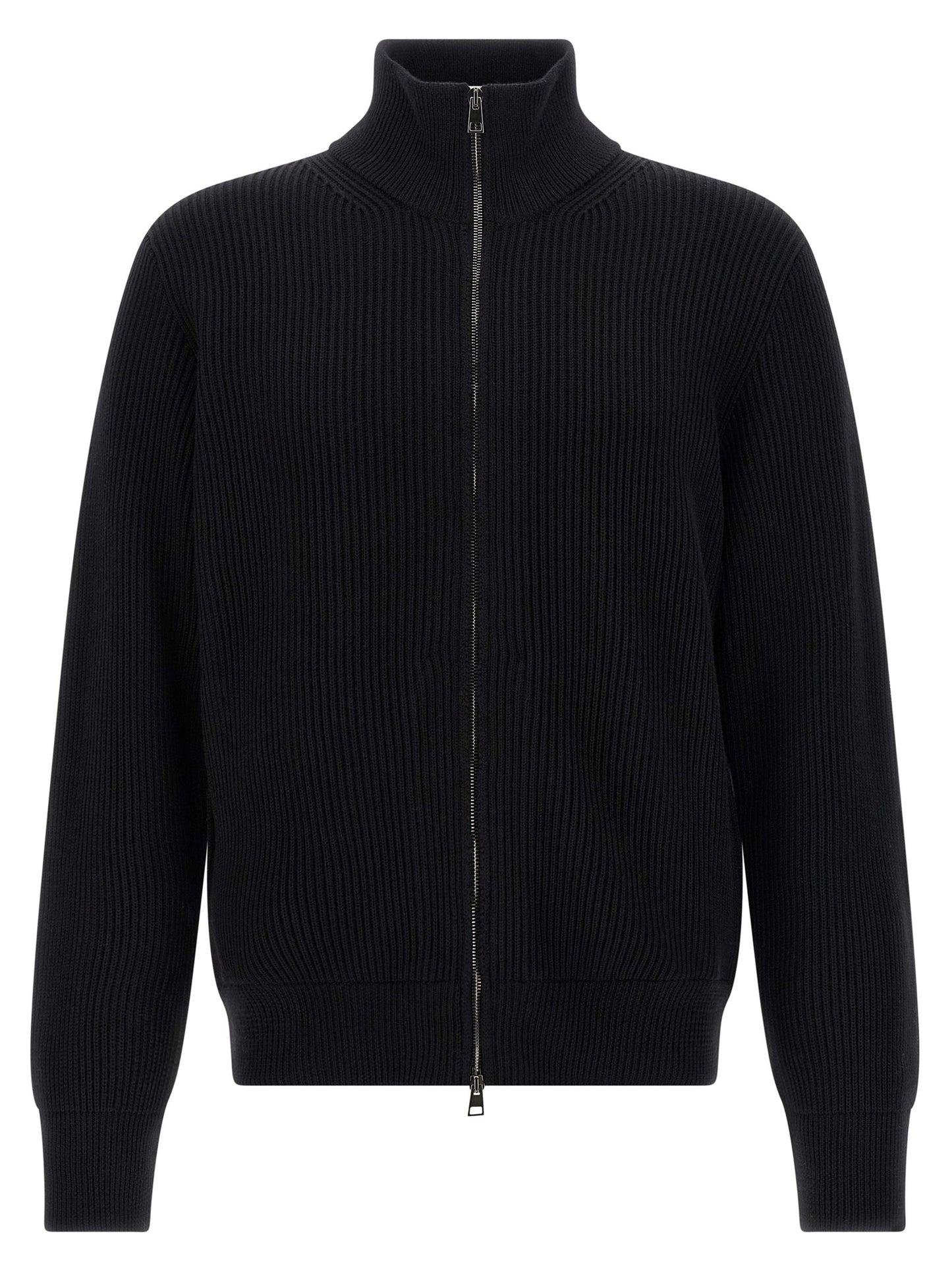 Cardigan by Roberto Collina for men in merino wool black features an impeccable silhouette, showcasing a sophisticated high-neck neckline and detail for a truly impeccable finish.