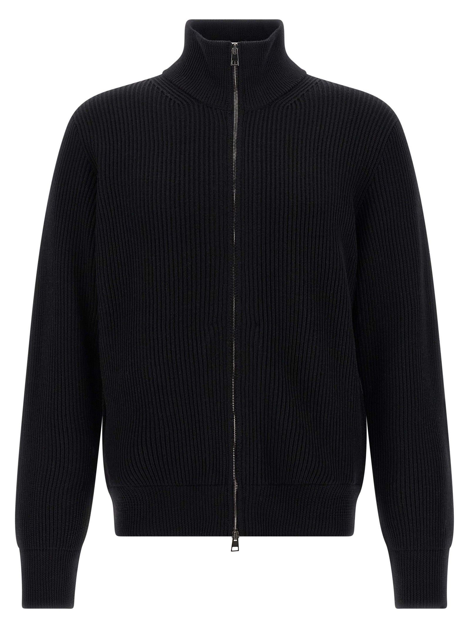 Cardigan by Roberto Collina for men in merino wool black features an impeccable silhouette, showcasing a sophisticated high-neck neckline and detail for a truly impeccable finish.
