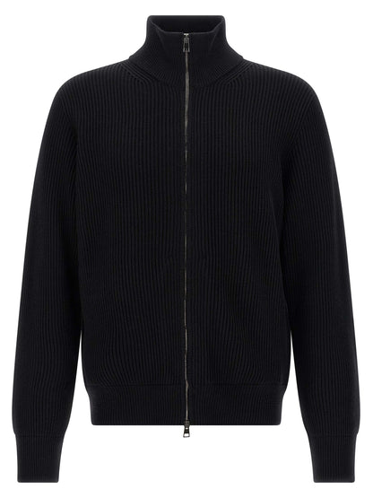 Cardigan by Roberto Collina for men in merino wool black features an impeccable silhouette, showcasing a sophisticated high-neck neckline and detail for a truly impeccable finish.