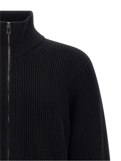 Cardigan by Roberto Collina for men in merino wool black features a dramatic silhouette, showcasing a sophisticated high-neck neckline and dramatic detail for a timeless, premium look.
