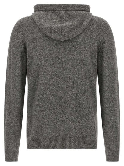 Hooded Cardigan by Roberto Collina for men in polyamide & virgin wool camel & gray features a dramatic silhouette, showcasing a sophisticated hooded neckline and dramatic detail for a timeless, premium look.