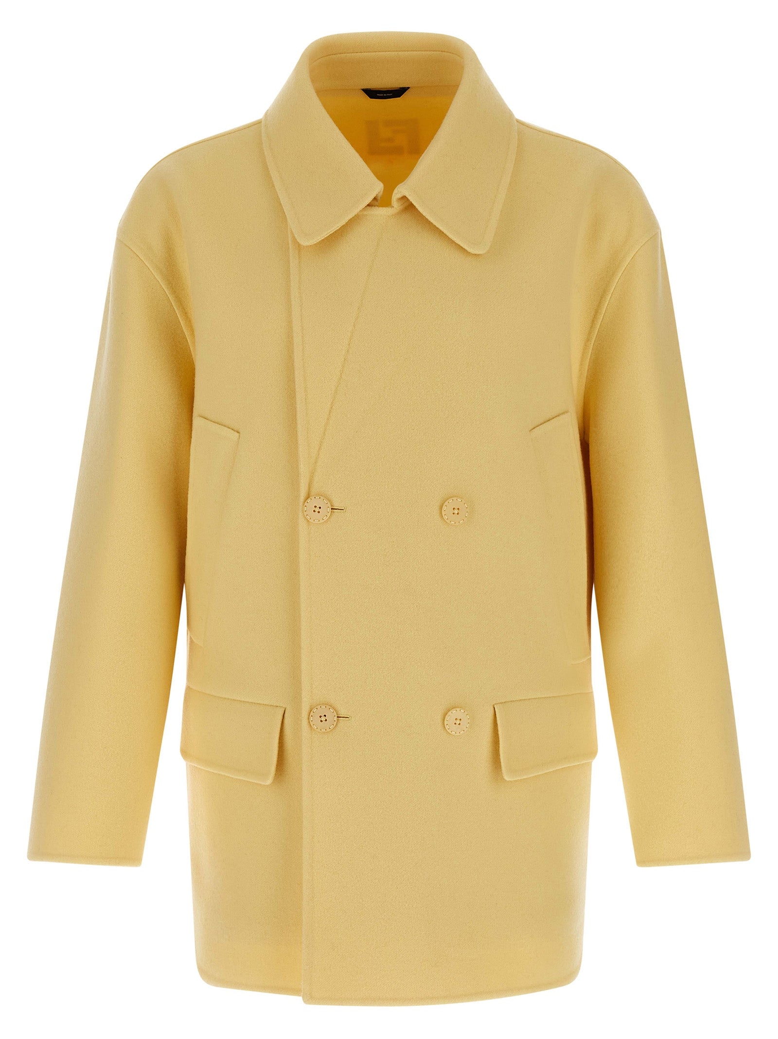 Overcoat by Fendi for men in virgin wool bicolour & yellow showcases a architectural silhouette, artfully detailed with a distinctive shirt-collar neckline and functional pockets for a architectural finish.