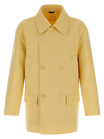Overcoat by Fendi for men in virgin wool bicolour & yellow showcases a architectural silhouette, artfully detailed with a distinctive shirt-collar neckline and functional pockets for a architectural finish.