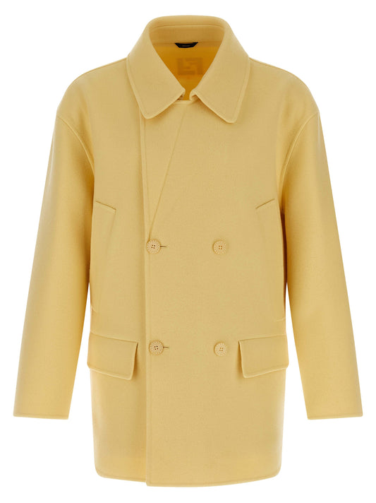 Overcoat by Fendi for men in virgin wool bicolour & yellow showcases a architectural silhouette, artfully detailed with a distinctive shirt-collar neckline and functional pockets for a architectural finish.