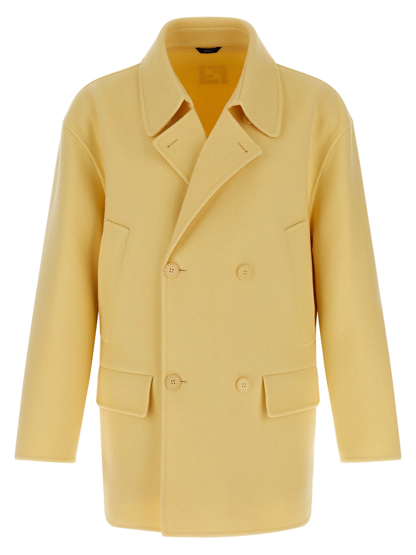 Overcoat by Fendi for men in virgin wool bicolour & yellow features a contemporary silhouette showcasing a contemporary shirt-collar neckline and refined pockets for a sophisticated finish.