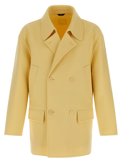 Overcoat by Fendi for men in virgin wool bicolour & yellow features a contemporary silhouette showcasing a contemporary shirt-collar neckline and refined pockets for a sophisticated finish.