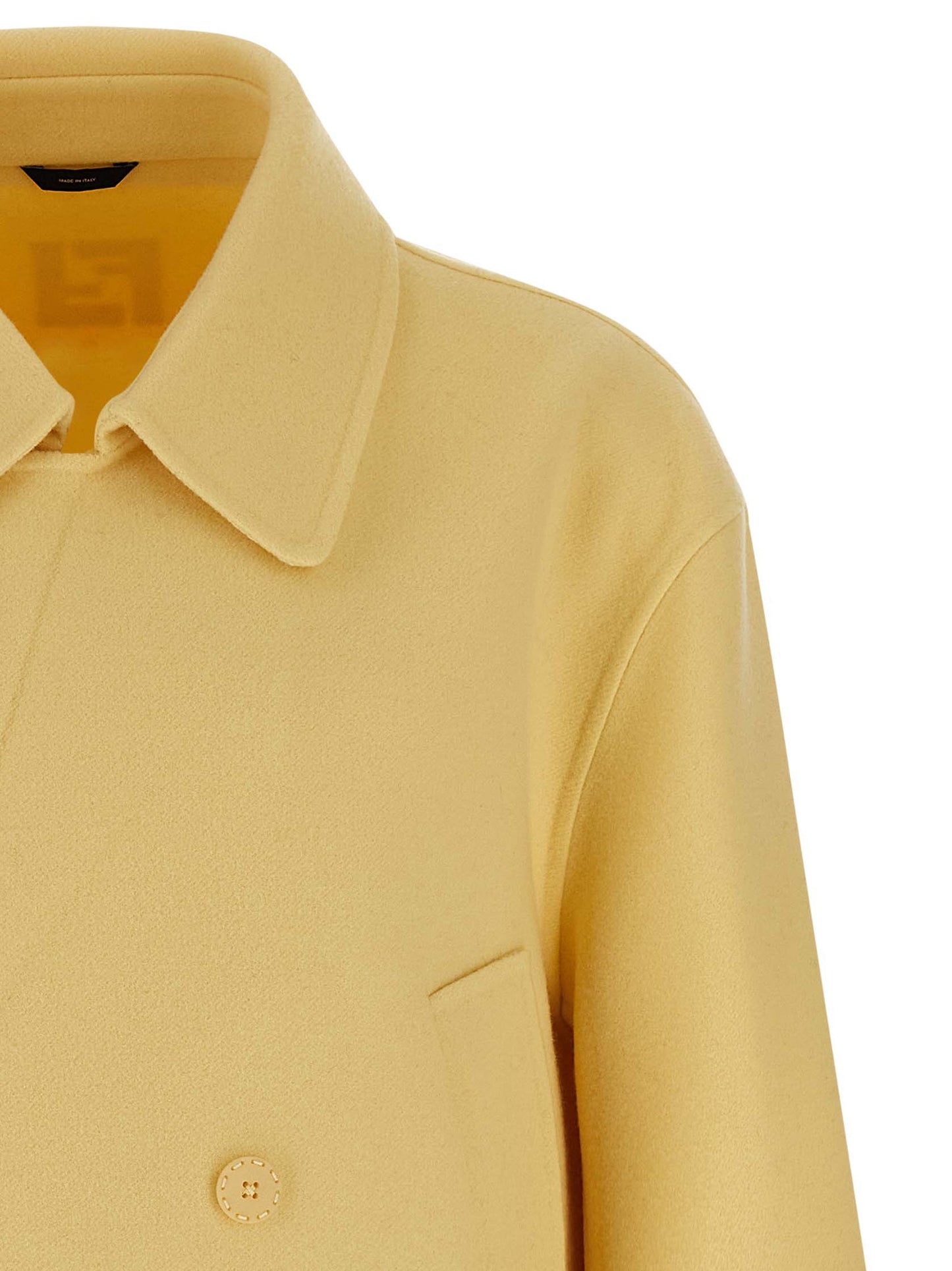 Overcoat by Fendi for men in virgin wool bicolour & yellow features a contemporary silhouette showcasing a contemporary shirt-collar neckline and refined pockets for a sophisticated finish.